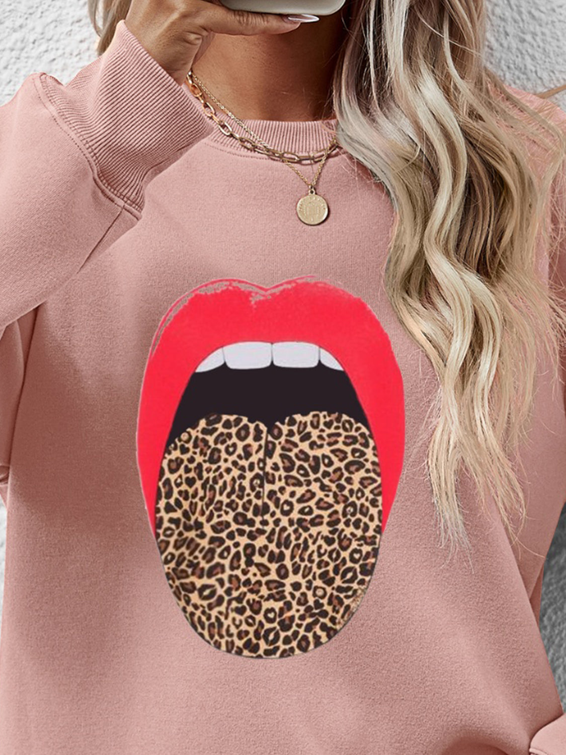 Leopard Lip Graphic Round Neck Sweatshirt