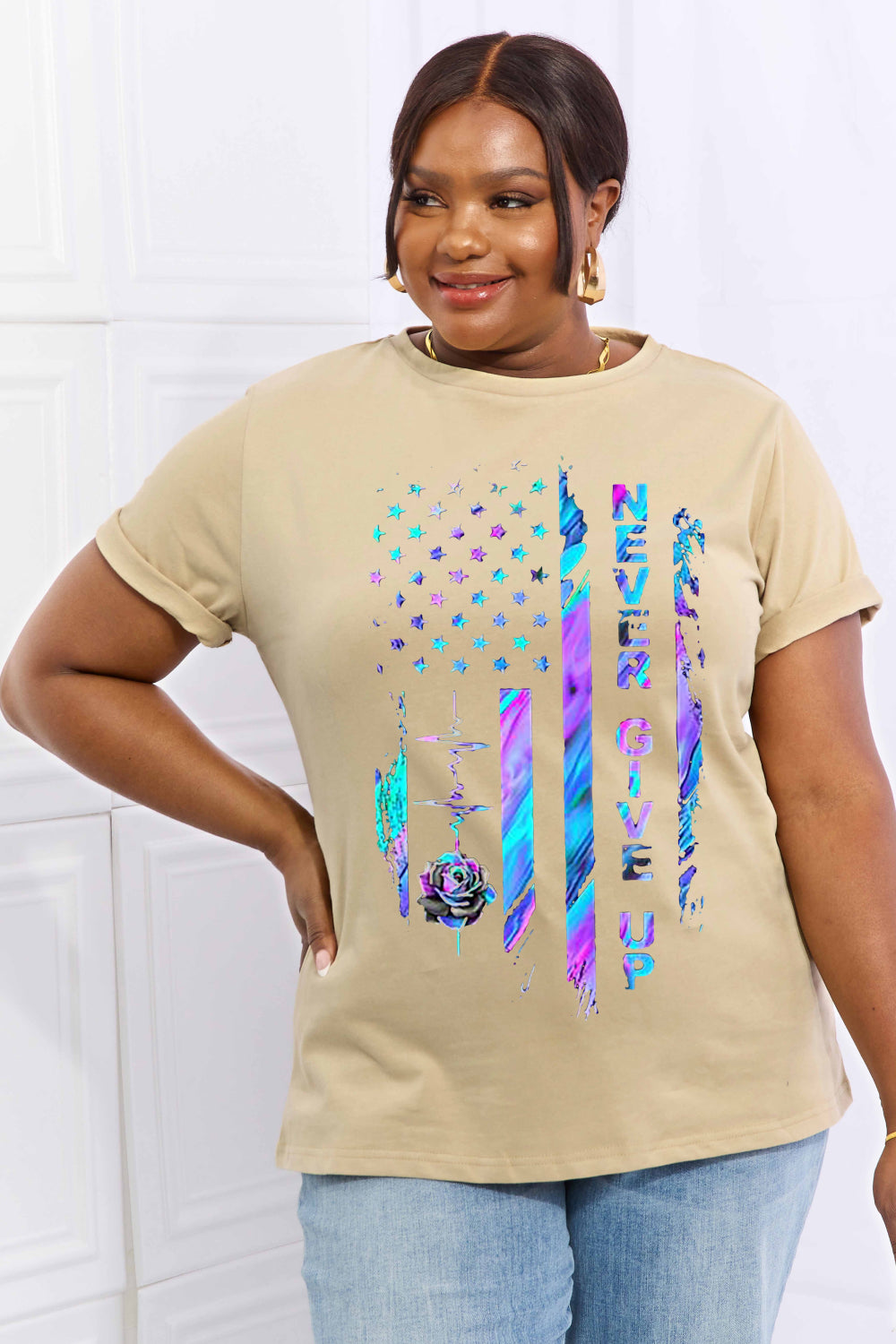 Simply Love Simply Love Full Size NEVER GIVE UP Graphic Cotton Tee