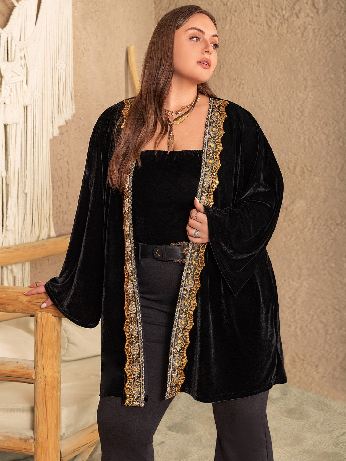 Plus Size Sequin Dropped Shoulder Open Front Outerwear