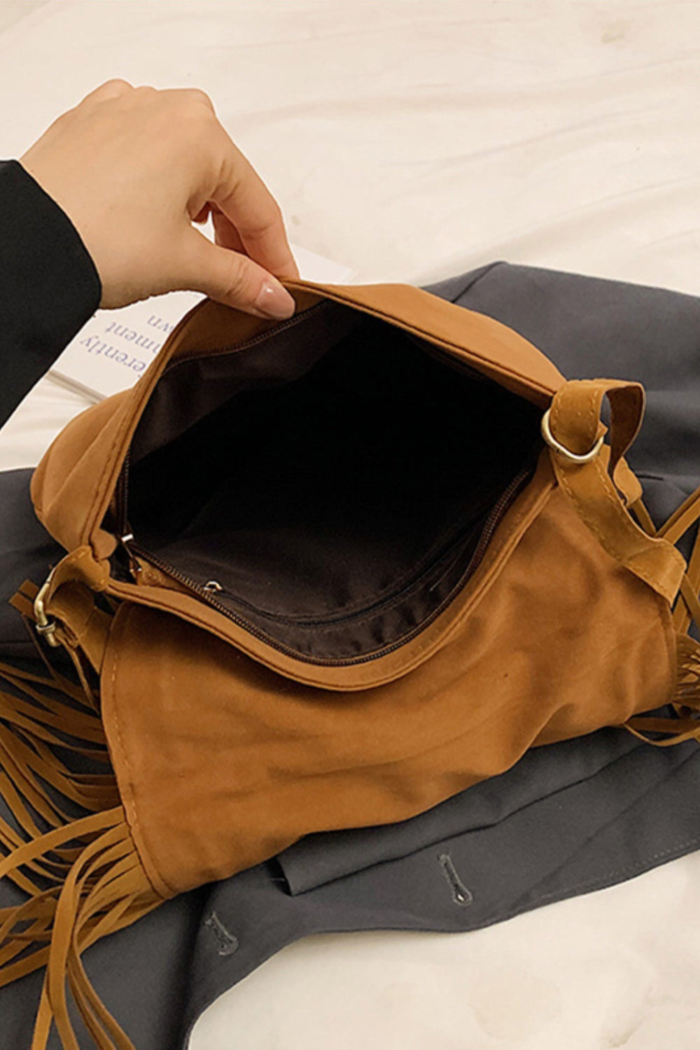 Suede Fringe Wide Strap Shoulder Bag