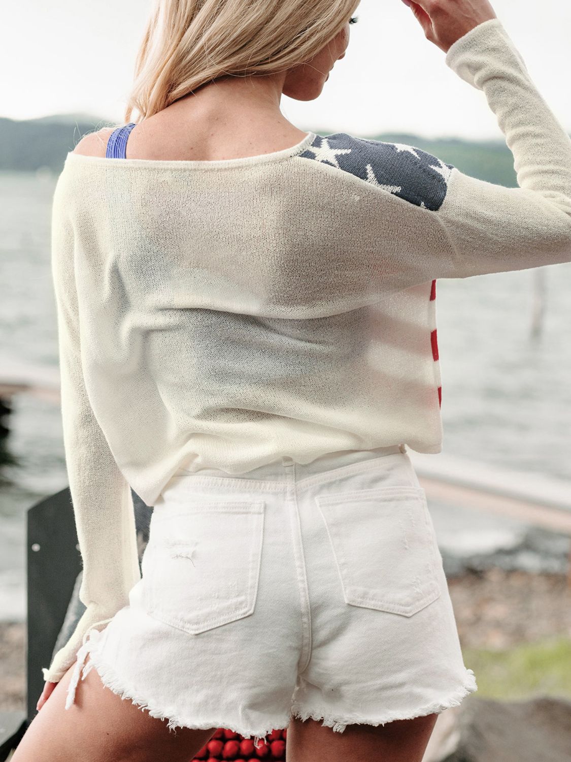 Perfee US Flag Boat Neck Long Sleeve Knit Top