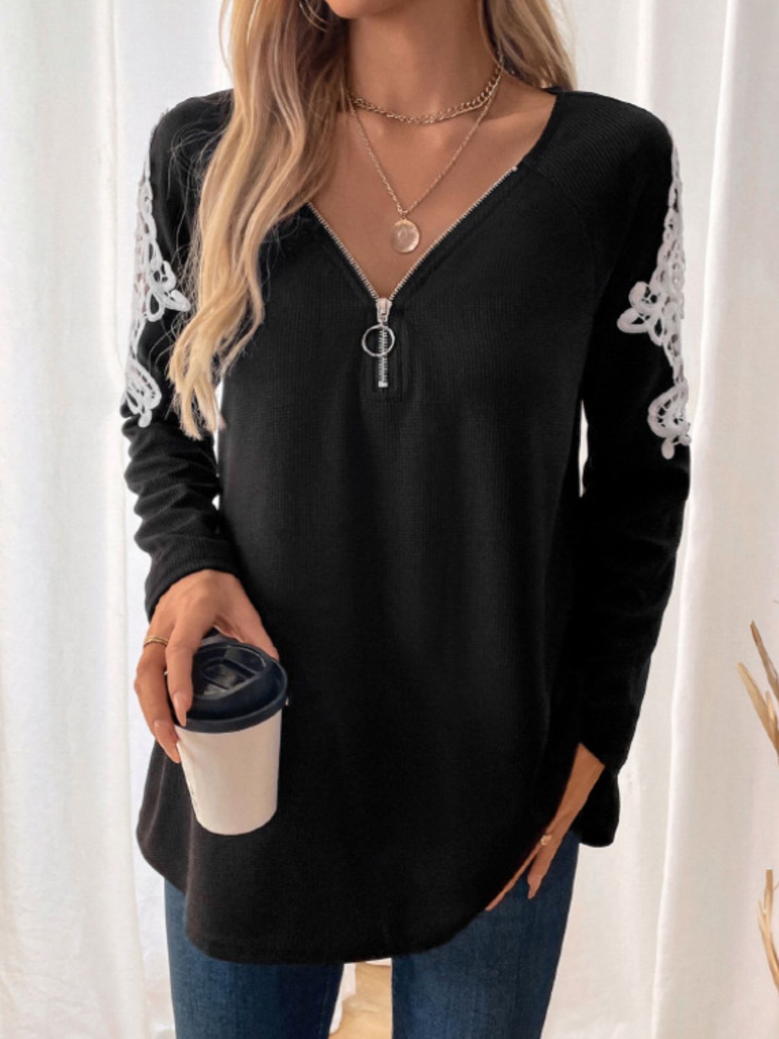 Perfee Lace Detail Quarter Zip Long Sleeve Top