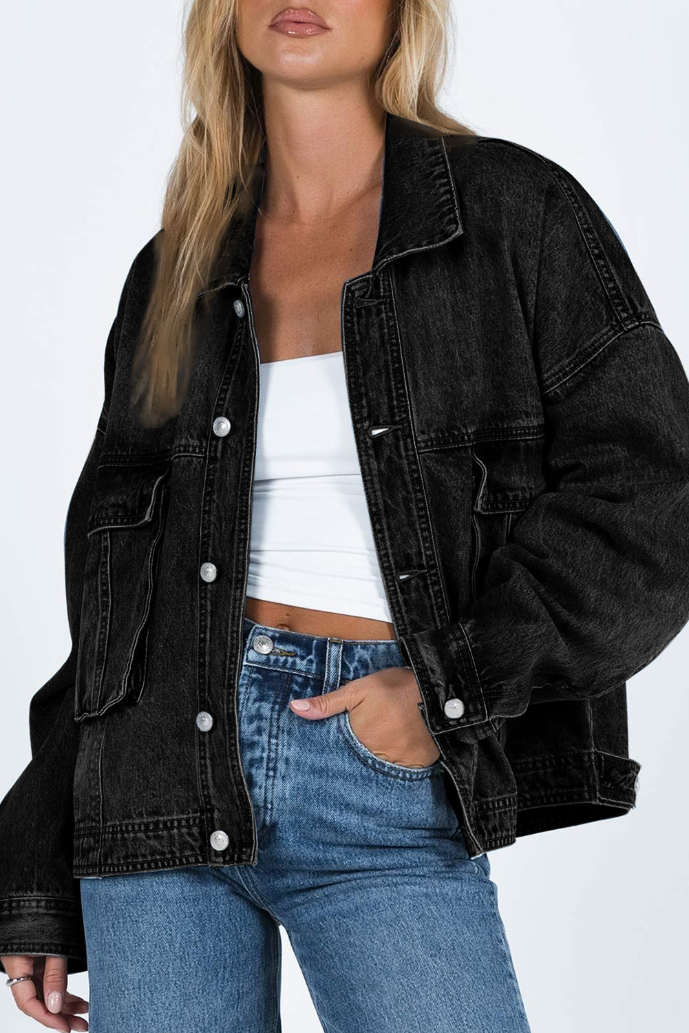 Button Up Dropped Shoulder Denim Jacket with Pockets