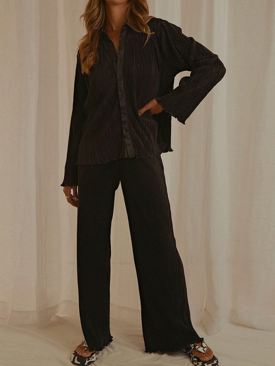 Collared Neck Long Sleeve Top and Pants Lounge Set