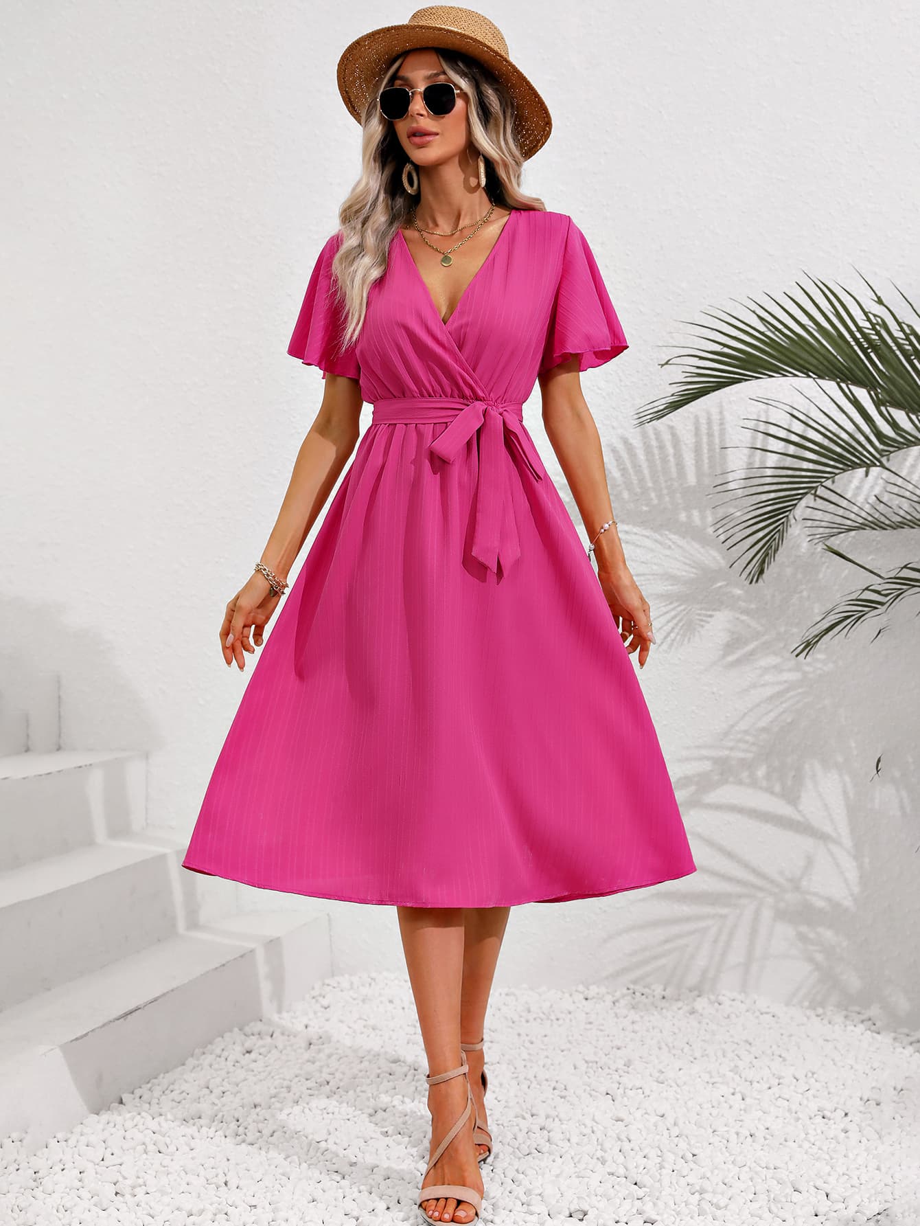 Honey Surplice Neck Tie Belt Midi Dress