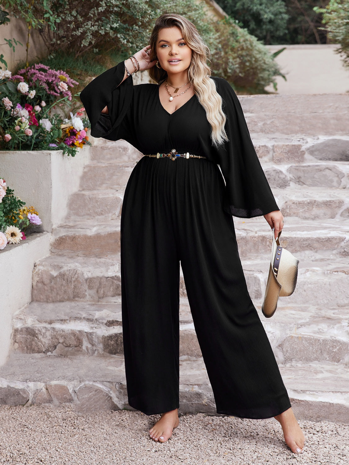 Plus Size V-Neck Long Sleeve Wide Leg Jumpsuit