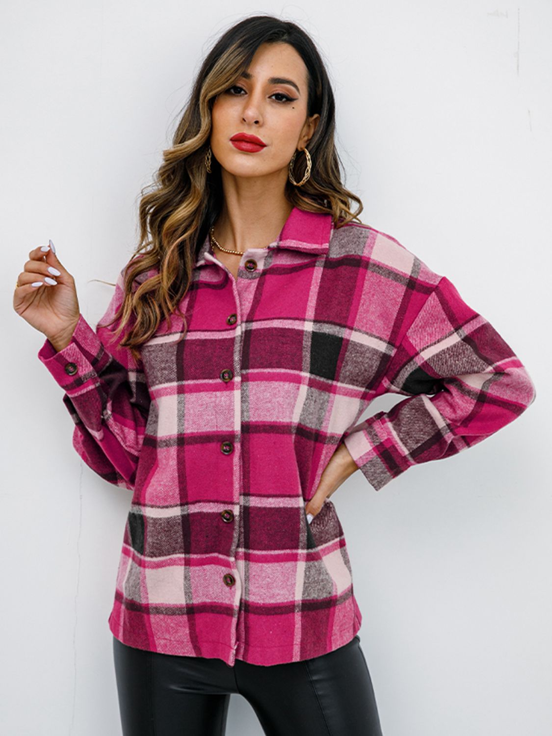 Shiny Plaid Button Up Collared Neck Jacket