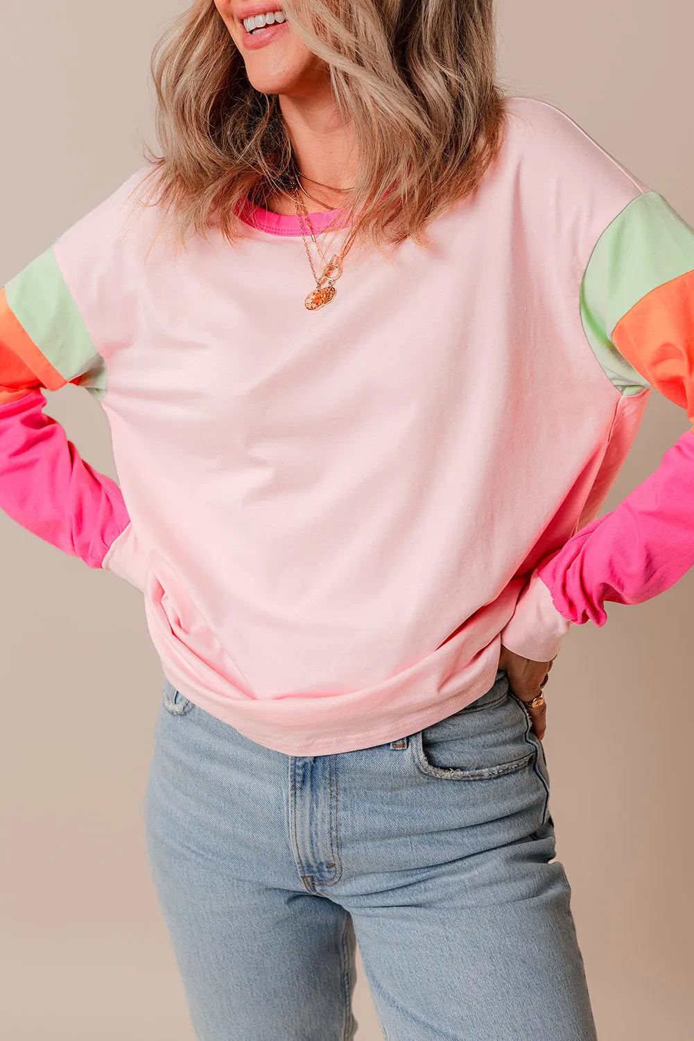 Color Block Round Neck Long Sleeve Top