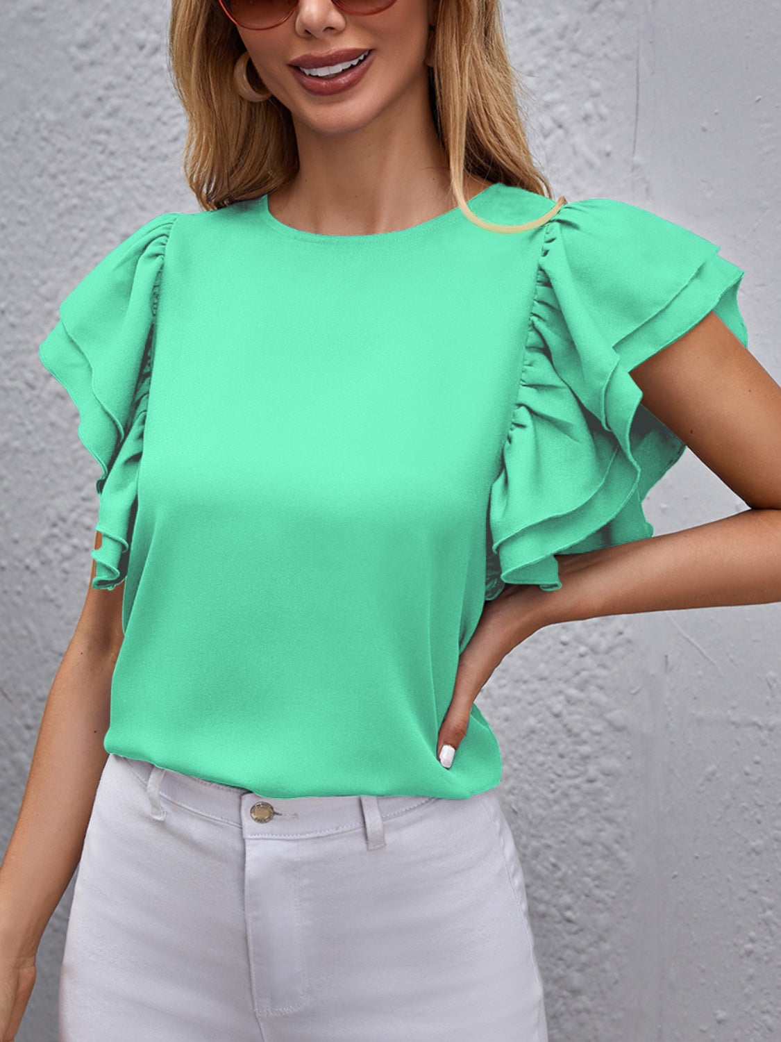 FAM-FAM Round Neck Flounce Sleeve Blouse