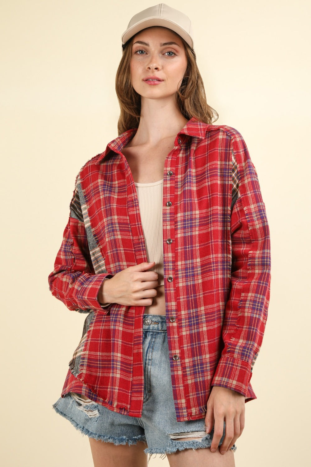 VERY J Contrast Plaid Raw Detail Shirt