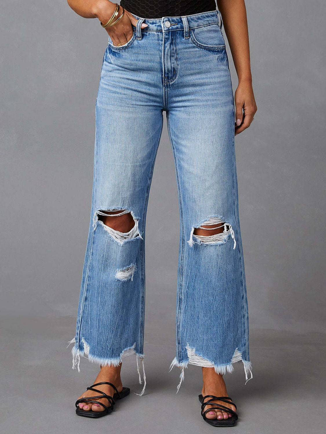 Distressed Raw Hem Jeans with Pockets