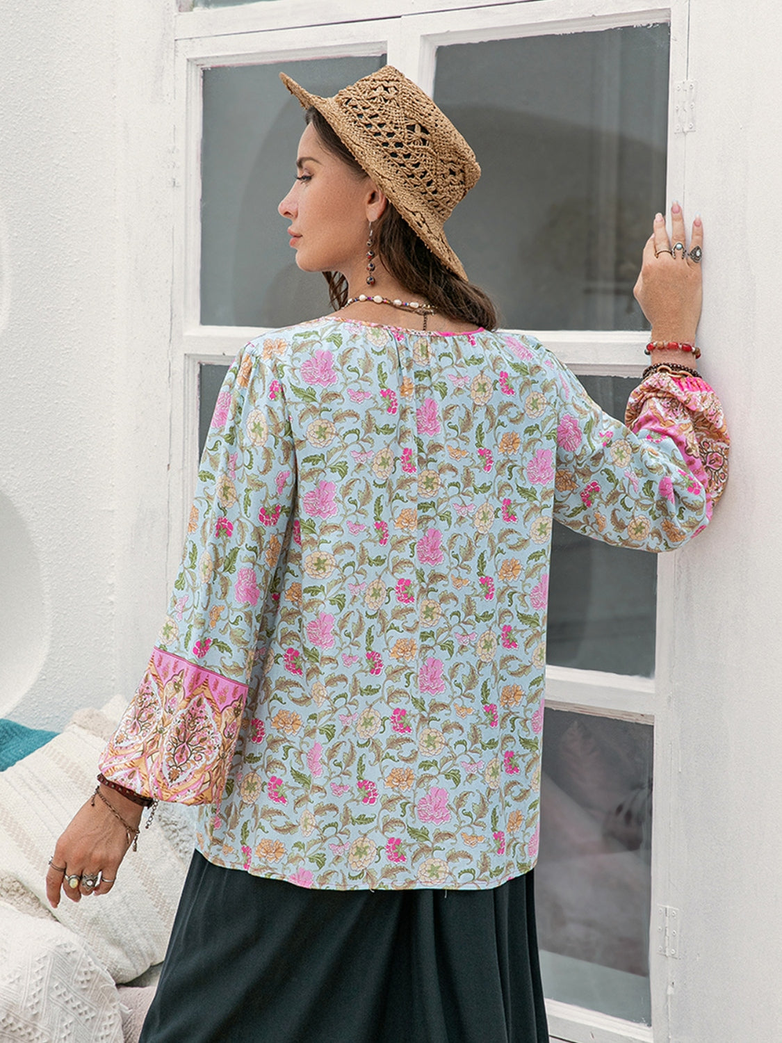 Plus Size Tie Neck Tassel Printed Blouse