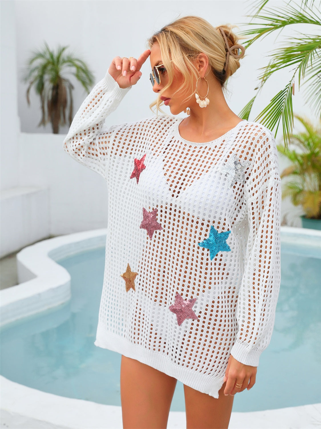 Angel Wings Sequin Star Round Neck Long Sleeve Cover Up