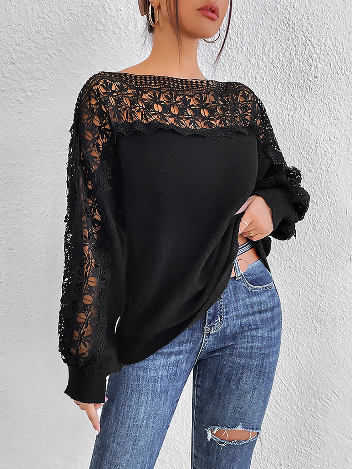 Lace Trim Boat Neck Knit Top