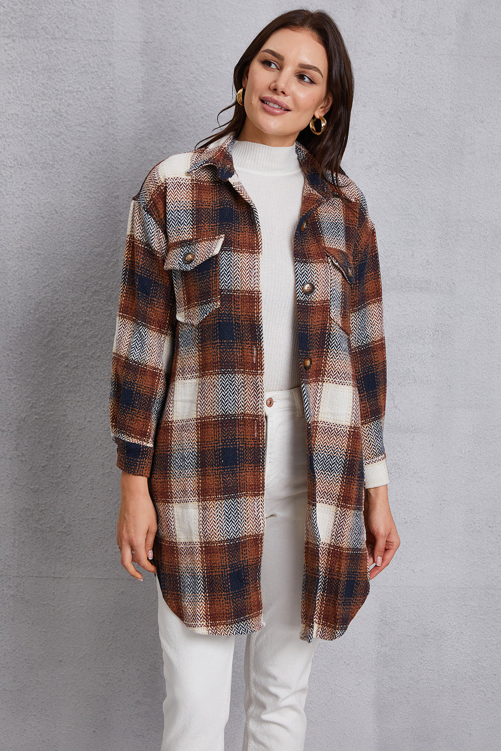 MeiMei Plaid Button Up Dropped Shoulder Coat with Pockets