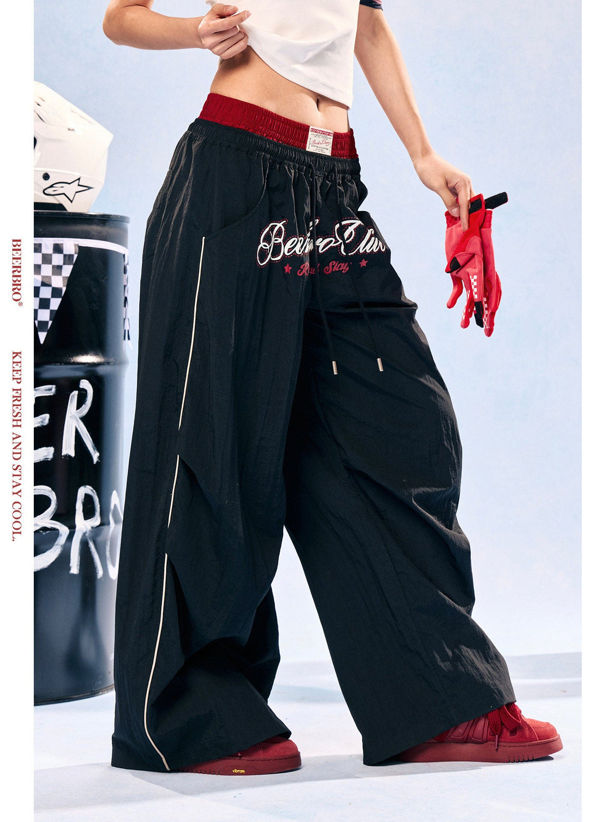 Women's Colorblock Double Waistband Lightweight Quick-Dry Wide Leg Sports Pants